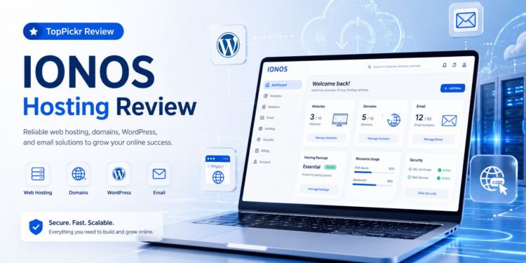 IONOS review 2026 showing web hosting, WordPress hosting, VPS, domains, email, and website builder features.